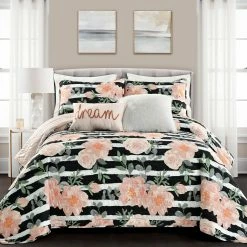 Wholesale 🌟 Lush Decor Amara Watercolor Rose 5 Piece Quilt Set Black & Dusty Rose 🌟