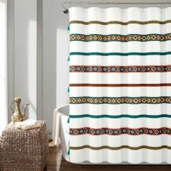New 🛒 Lush Decor Ava Boho Stripe Tassel Yarn Dyed Eco-Friendly Recycled Cotton Blend Shower Curtain Single ⌛