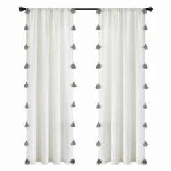 Best Pirce 🎁 Lush Decor Boho Faux Linen Tassel Window Curtain Panel (Single Panel) White / Grey 🥰