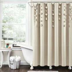 Best Sale 😀 Lush Decor Boho Pom Pom Tassel Linen Shower Curtain Light Gray 🛒