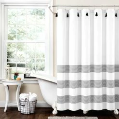 Cheapest 🔥 Lush Decor Boho Tassel Stripe Yarn Dyed Eco-Friendly Recycled Cotton Shower Curtain Single Navy/white 🥰