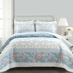 Best Sale ✔️ Lush Decor Cottage Core Flower Stripe Oversized Reversible Cotton Quilt 3Pc Set Blue/dusty Pink 🎁
