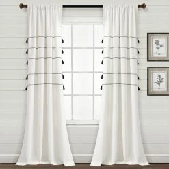 New 🔥 Lush Decor Farmhouse Boho Stripe Woven Tassel Yarn Dyed Cotton Window Curtain Panel Pair Wheat & White 🎉