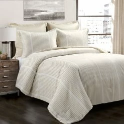 Best Sale 🎉 Lush Decor Farmhouse Drew Stripe Silver-Infused Antimicrobial 5 Piece Comforter Set Neutral ✨