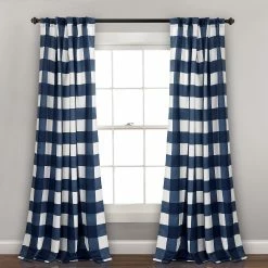 Outlet 👏 Lush Decor Kelly Checker Room Darkening Window Curtain Panel Pair Navy 🔔