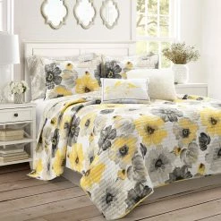 Wholesale 😍 Lush Decor Leah Soft Reversible Oversized Quilt 8 Piece Set Yellow/gray 👏