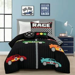 Flash Sale 🥰 Lush Decor Racing Cars Reversible Oversized Quilt Set White 🎉
