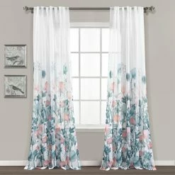 Best Pirce 🤩 Lush Decor Zuri Flora Sheer Window Curtain Panel Pair Blue & Coral ⭐